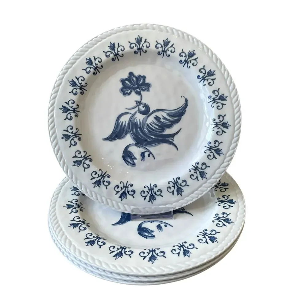 TAHARI Dove Bird of Peace Melamine Dinner Plates 11in  Set of 4 Blue & White NEW